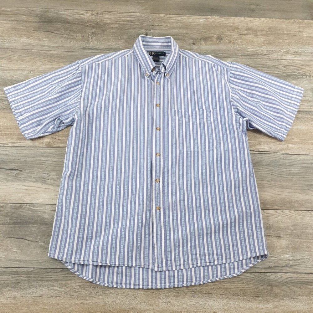 R&R Casuals Mens Large Short Sleeve Shirt Seersucker Sport Blue White Striped
